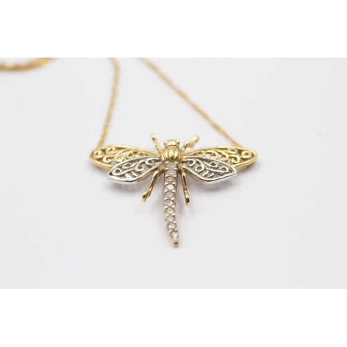 85 - 14ct white & yellow gold diamond dragonfly pendant necklace (2.6g)