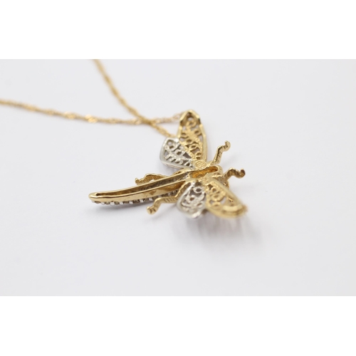 85 - 14ct white & yellow gold diamond dragonfly pendant necklace (2.6g)