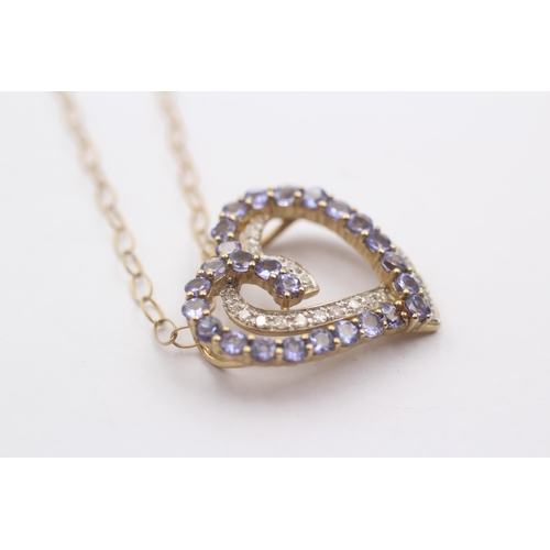 103 - 9ct Gold Diamond & Tanzanite Heart Pendant Necklace (3.5g)