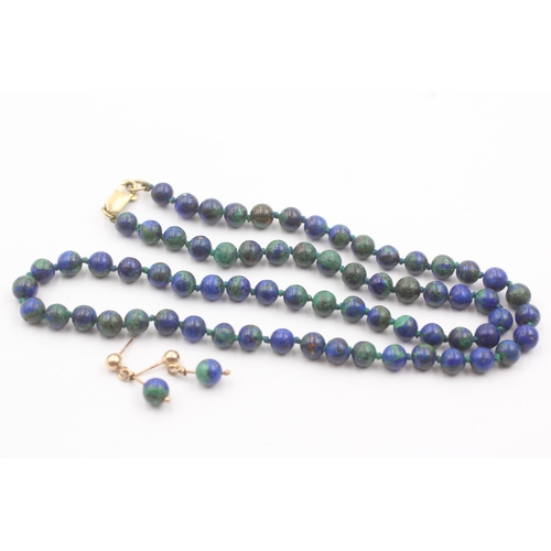 11 - 9ct Gold Azurite Malachite Beads Necklace & Drop Earrings Set (25.3g)