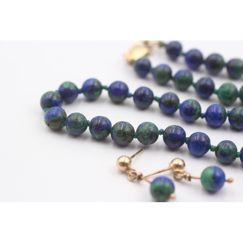 11 - 9ct Gold Azurite Malachite Beads Necklace & Drop Earrings Set (25.3g)