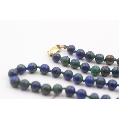 11 - 9ct Gold Azurite Malachite Beads Necklace & Drop Earrings Set (25.3g)