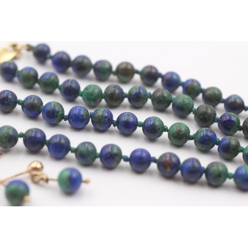 11 - 9ct Gold Azurite Malachite Beads Necklace & Drop Earrings Set (25.3g)