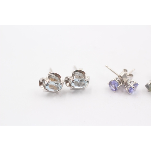 2 - 4 X 9ct White Gold Paired Gemstone Stud Earrings Inc. Tanzanite, Aquamarine (4.1g)