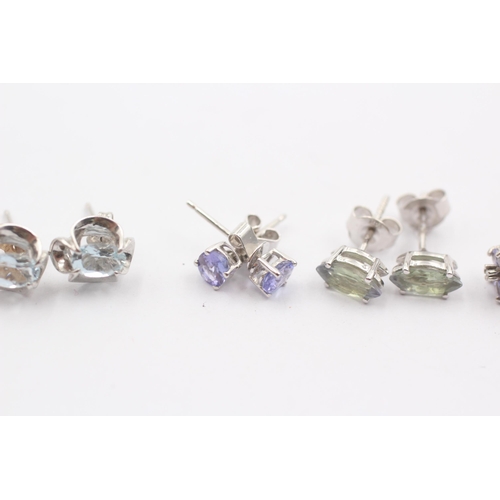 2 - 4 X 9ct White Gold Paired Gemstone Stud Earrings Inc. Tanzanite, Aquamarine (4.1g)