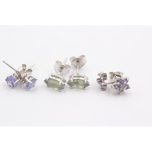 2 - 4 X 9ct White Gold Paired Gemstone Stud Earrings Inc. Tanzanite, Aquamarine (4.1g)