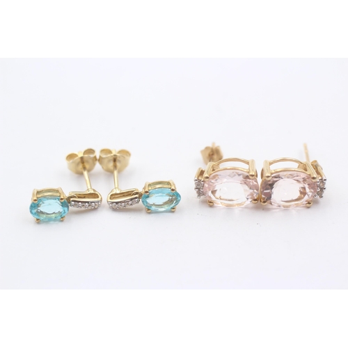 25 - 2 X 9ct Gold Paired Gemstone Dress Earrings Inc. Morganite, Apatite & Diamond (4.3g)