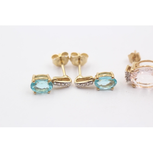 25 - 2 X 9ct Gold Paired Gemstone Dress Earrings Inc. Morganite, Apatite & Diamond (4.3g)