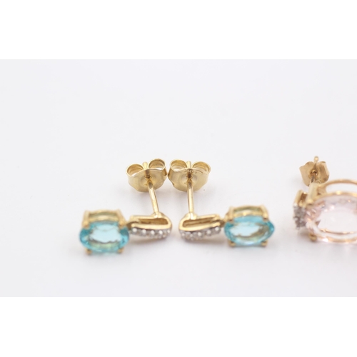 25 - 2 X 9ct Gold Paired Gemstone Dress Earrings Inc. Morganite, Apatite & Diamond (4.3g)