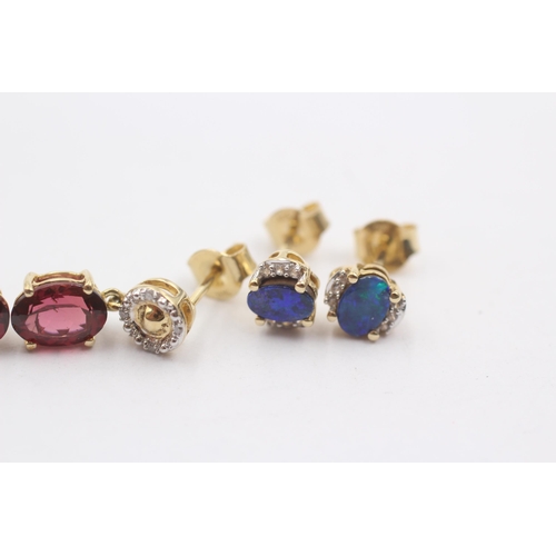 26 - 2 X 9ct Gold Paired Gemstone & Diamond Earrings Inc. Garnet & Opal Doublet (4g)