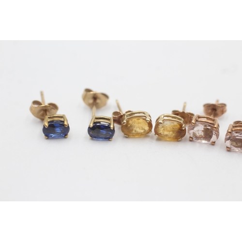 28 - 4 X 9ct Gold Paired Gemstone Stud Earrings Inc. Kyanite, Topaz, Citrine & Morganite (3.9g)