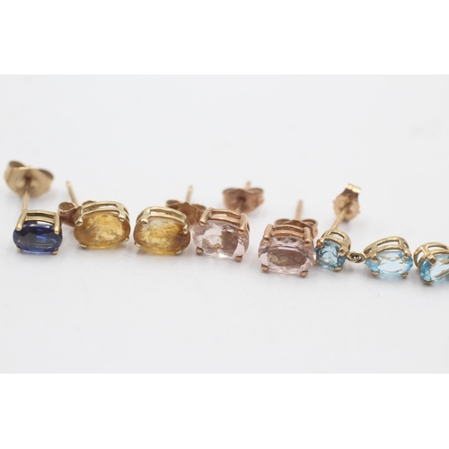 28 - 4 X 9ct Gold Paired Gemstone Stud Earrings Inc. Kyanite, Topaz, Citrine & Morganite (3.9g)