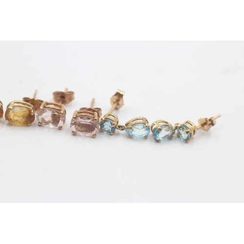 28 - 4 X 9ct Gold Paired Gemstone Stud Earrings Inc. Kyanite, Topaz, Citrine & Morganite (3.9g)