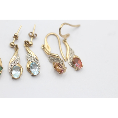 29 - 3 X 9ct Gold Paired Gemstone & Diamond Drop Earrings Inc. Emerald, Topaz & Coated Topaz (5.1g)