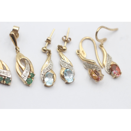 29 - 3 X 9ct Gold Paired Gemstone & Diamond Drop Earrings Inc. Emerald, Topaz & Coated Topaz (5.1g)