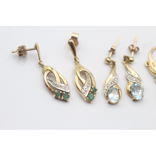 29 - 3 X 9ct Gold Paired Gemstone & Diamond Drop Earrings Inc. Emerald, Topaz & Coated Topaz (5.1g)