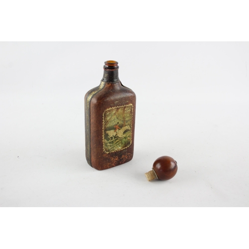 295 - Vintage Leather Wrapped Hand Painted Glass DECANTER With Wooden Stopper