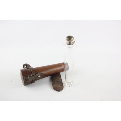 296 - Vintage English Hunting Glass & Metal CONICAL FLASK In Leather Saddle Case