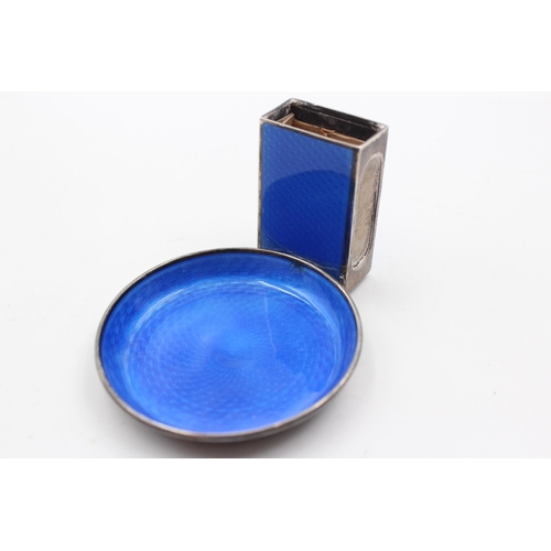 317 - Vintage 1927 London Import STERLING SILVER Enamel Ashtray & Matchbox Holder 74g