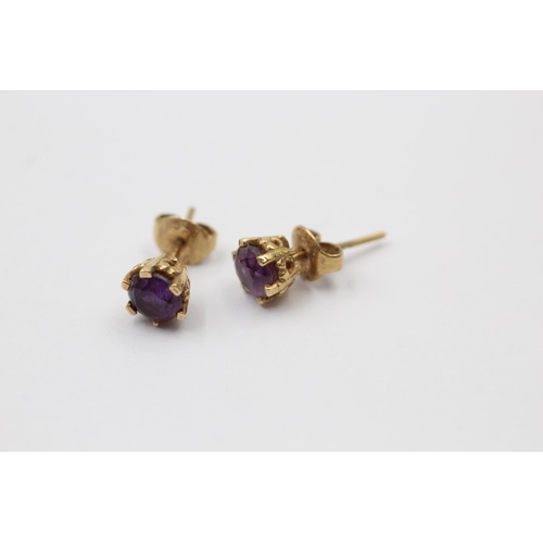 34 - 3 X 9ct Gold Paired Gemstone Stud Earrings Inc. Amethyst & Garnet (3.5g)