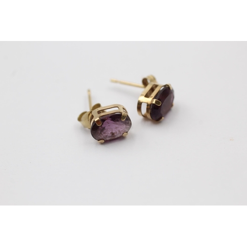 34 - 3 X 9ct Gold Paired Gemstone Stud Earrings Inc. Amethyst & Garnet (3.5g)