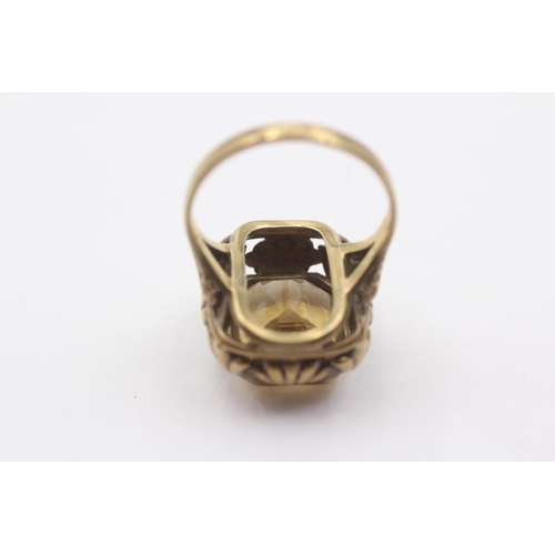 36 - 8ct Gold Citrine Emerald Cut Ornate Frame Setting Statement Ring (4.7g)Size L