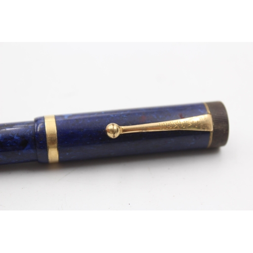 394 - Vintage PARKER Duofold Lucky Curve Lapis Blue FOUNTAIN PEN w/ 14ct Gold Nib