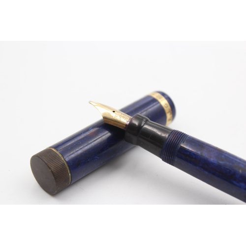 394 - Vintage PARKER Duofold Lucky Curve Lapis Blue FOUNTAIN PEN w/ 14ct Gold Nib