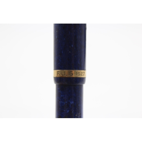 394 - Vintage PARKER Duofold Lucky Curve Lapis Blue FOUNTAIN PEN w/ 14ct Gold Nib