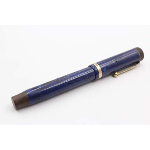 394 - Vintage PARKER Duofold Lucky Curve Lapis Blue FOUNTAIN PEN w/ 14ct Gold Nib