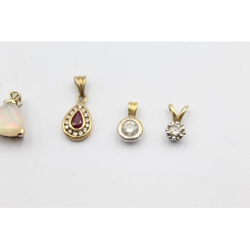 4 - 4 X 9ct Gold Gemstone Pendants Inc. Diamond, Opal, Ruby (3.7g)