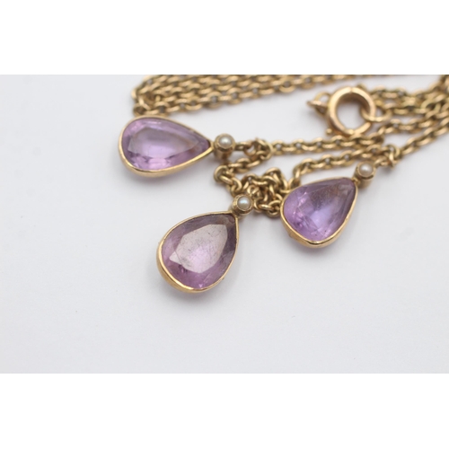 76 - 14ct Gold Amethyst And Seed Pearl Charm Drop Trilogy Chain Necklace (7.9g)