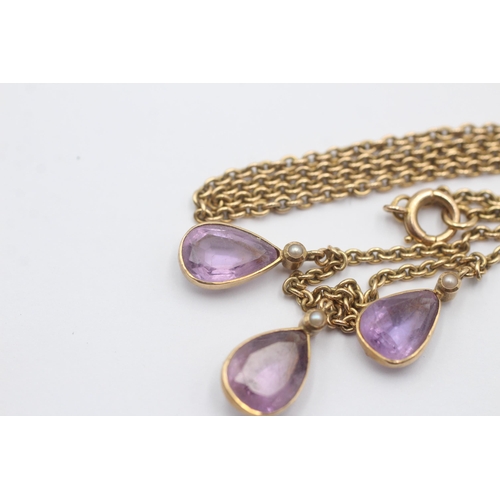 76 - 14ct Gold Amethyst And Seed Pearl Charm Drop Trilogy Chain Necklace (7.9g)