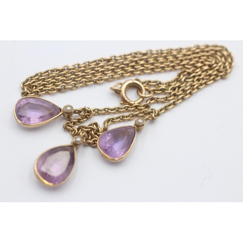 76 - 14ct Gold Amethyst And Seed Pearl Charm Drop Trilogy Chain Necklace (7.9g)