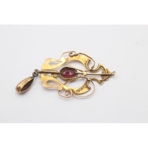 86 - 9ct Gold Antique Garnet Ornate Lavalier Pendant (1.5g)