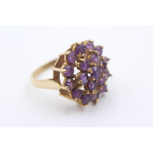 93 - 9ct Gold Amethyst Round Cluster Cocktail Ring (6.2g)Size O 1/2