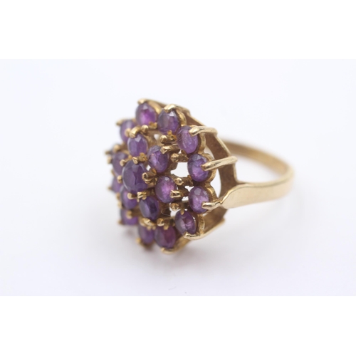 93 - 9ct Gold Amethyst Round Cluster Cocktail Ring (6.2g)Size O 1/2