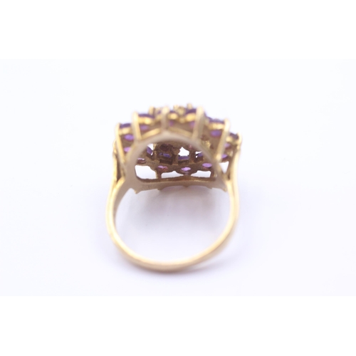 93 - 9ct Gold Amethyst Round Cluster Cocktail Ring (6.2g)Size O 1/2