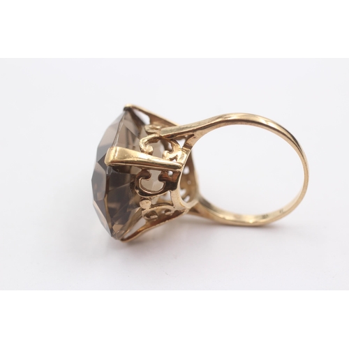 1 - 9ct Gold Oval Smoky Quartz High Profile Ornate Basket Setting Cocktail Ring (10g) Size R