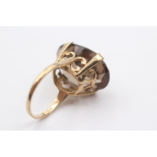 1 - 9ct Gold Oval Smoky Quartz High Profile Ornate Basket Setting Cocktail Ring (10g) Size R