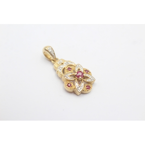 19 - 9ct White And Yellow Gold Diamond And Ruby Paved Ornate Drop Charm Pendant (2.5g)