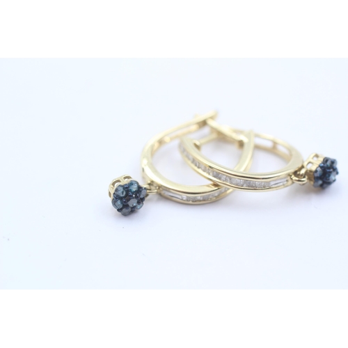 23 - 9ct Gold Diamond And Enhanced Blue Diamond Flower Cluster Drop Hoop Earrings (2.6g)