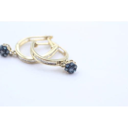 23 - 9ct Gold Diamond And Enhanced Blue Diamond Flower Cluster Drop Hoop Earrings (2.6g)