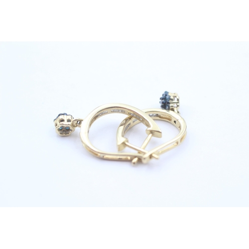 23 - 9ct Gold Diamond And Enhanced Blue Diamond Flower Cluster Drop Hoop Earrings (2.6g)