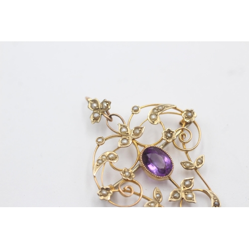 35 - 9ct Gold Seed Pearl And Amethyst Ornate Lavaliere Pendant (3.4g)