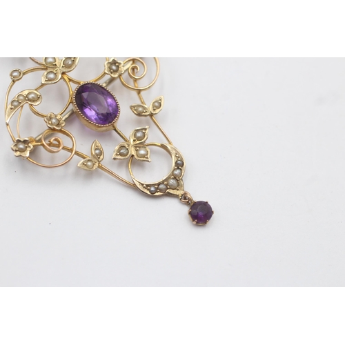 35 - 9ct Gold Seed Pearl And Amethyst Ornate Lavaliere Pendant (3.4g)