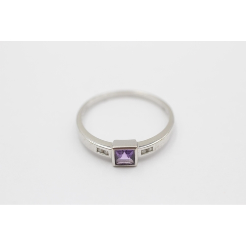 117 - 9ct White Gold Amethyst Single Stone Ring With Diamond Sides (2.2g) size  Q+1/2