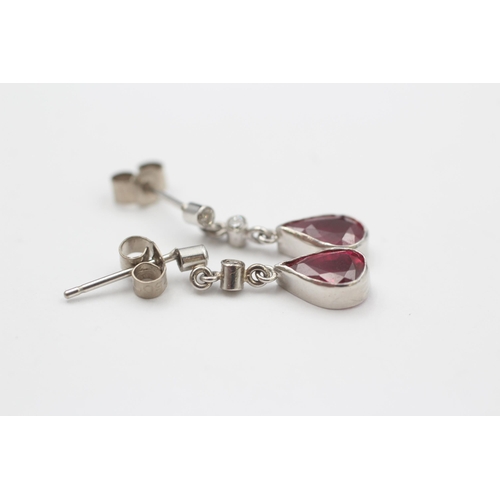 14 - 18ct White Gold Diamond & Ruby Drop Earrings (2.1g)