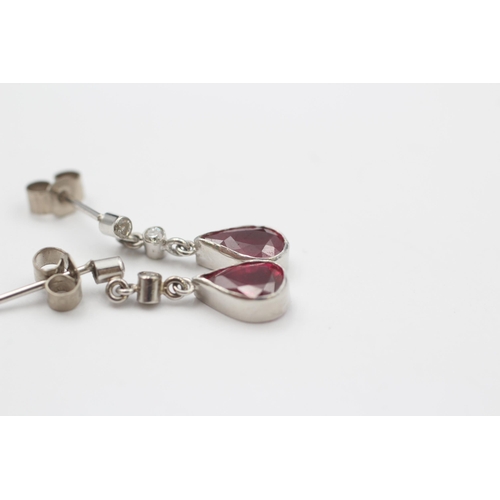 14 - 18ct White Gold Diamond & Ruby Drop Earrings (2.1g)