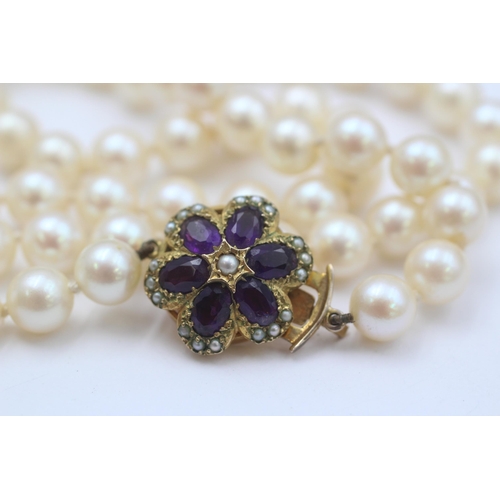 15 - 9ct Gold Amethyst & Seed Pearl Floral Cluster Cultured Pearl Single Strand Necklace (52.6g)